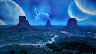 Mountain river planet city night - david free wallpaper