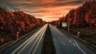 Highway red sky autumn trees - a highway free wallpaper