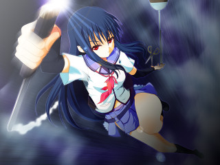 Anime girl sword light behind - giantess art free wallpaper