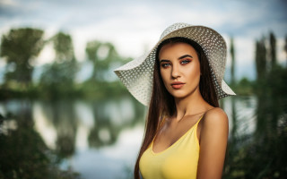 Woman hat lake trees portrait - the background and a sky background free wallpaper