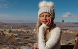 Woman smiling white sweater hat - soft detail free wallpaper