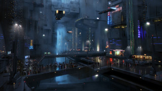 Futuristic city night cyberpunk neo - a bus free wallpaper