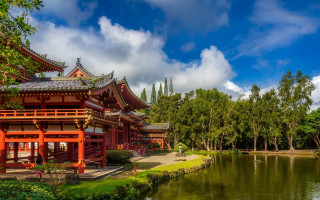 Pond building clouds trees architecture - a pond in front free wallpaper
