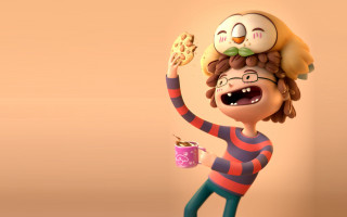 Cartoon coffee donut bird rowlet - a cartoon character holding free wallpaper