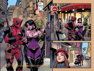 Deadpool woman purple dress red - a comic strip free wallpaper