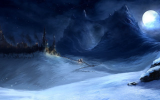 Snowy landscape castle full moon - a castle in the distance free wallpaper