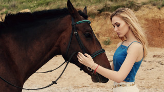 Woman petting horse blue shirt - neoclassicism free wallpaper