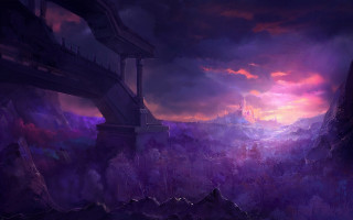 Fantasy cityscape bridge purple sky - anato finnstark free wallpaper for desktop