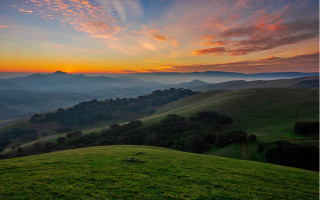 Sunset grassy hill bench mountains - a sunset view free wallpaper