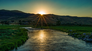 River green field sunset mountain - alson s. clark free wallpaper