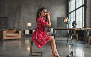 Woman red dress sitting indoor - a pair of shoes free wallpaper for desktop