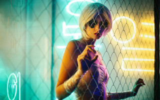 Cyberpunk fence neon holography blonde - a neon light behind her free wallpaper