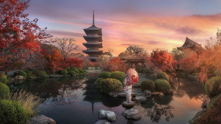 Rock pond pagoda sunset autumn - a pagoda in the background free wallpaper