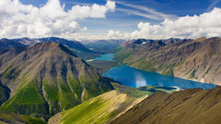 Mountain lake forest sky horizon 2 - a view of a mountain range free wallpaper