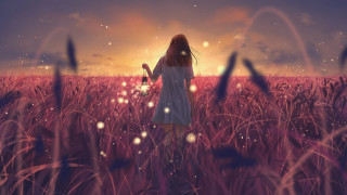 Girl field sunset flower fireflies - atey ghailan free wallpaper