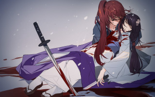 Anime bishounen blood swords hakama - a couple of anime characters sitting next free wallpaper