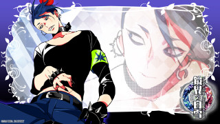 Woman blackshirt bluepants purplebackground redhair - a red hair free wallpaper