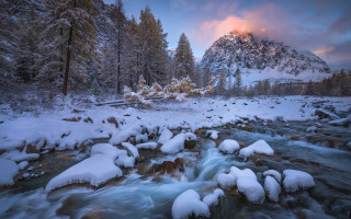 Snowy forest river mountains pink - derold page free wallpaper