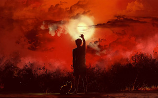 Man red sky dog cat - the ground below free wallpaper for desktop