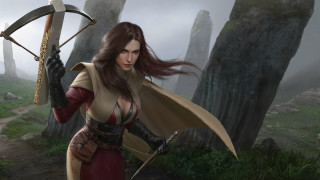 Woman archer fantasy forest cape - rock and grass free wallpaper