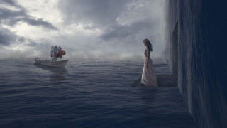 Woman dress water boat balloons - a man in a boat free wallpaper