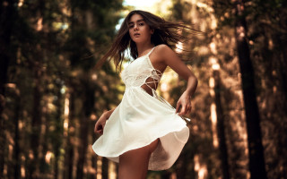 Woman white dress running woods - her dress free wallpaper