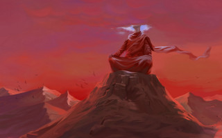 Mountain top flag red sky - a painting of a person free wallpaper