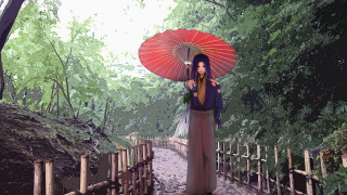 Woman umbrella woods path fence - a path free wallpaper