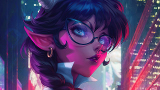 Woman glasses bowtie city night - artstation hq free wallpaper