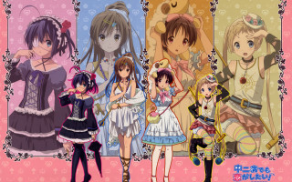 Anime girls group pink background - a picture of them free wallpaper