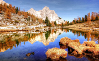 Mountain lake autumn forest city - a mountain range in the background free wallpaper