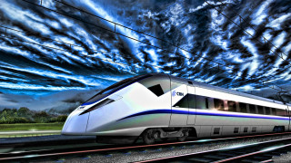 Train traveling tracks cloudy sky - cubofuturism free wallpaper for desktop