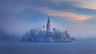 Church snowy mountains fog magic - magical atmosphere free wallpaper