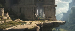 Cliffside town ruins castle sky - a painting of a man free wallpaper