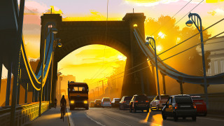 Bus cars bridge sunset cinematic - alena aenami free wallpaper