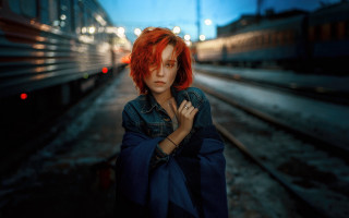 Red haired woman night traintrack - ektachrome photograph free wallpaper for desktop