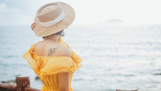 Woman yellow dress hat ocean 3 - tattoo free wallpaper for desktop