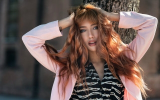 Redhaired woman tree hands up - red hair free wallpaper