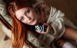 Redhair camera selfportrait tattoo blueeyes - a picture of herself free wallpaper