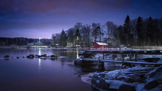 Dock house snow night purple - arvid nyholm free wallpaper