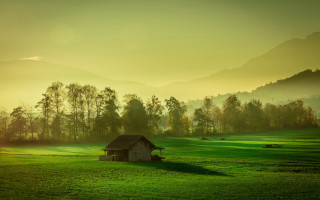 Small house field mountains sunset 2 - a green glow free wallpaper