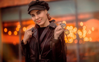 Woman leather jacket hat clock - free vintage wallpaper
