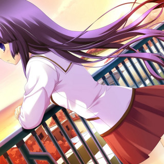 Girl balcony sunset purple hair - long hair free wallpaper for tablet