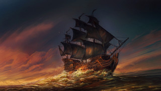 Ship ocean sunset clouds fantasy - a painting of a ship in the ocean free wallpaper