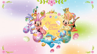 Cartoon characters happy easter message - floral free wallpaper