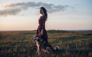 Woman red dress dog field - anka zhuravleva free wallpaper
