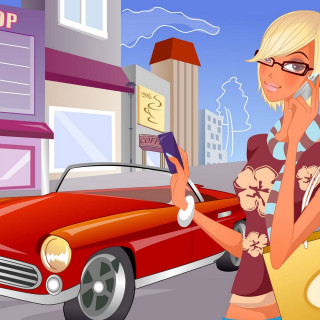 Woman talking cellphone red car - city background free wallpaper for tablet