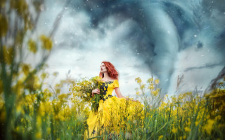 Woman yellow dress flower field 3 - a bouquet of flowers free wallpaper for desktop
