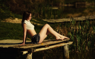Woman dock water grass lake - a wooden dock next free wallpaper
