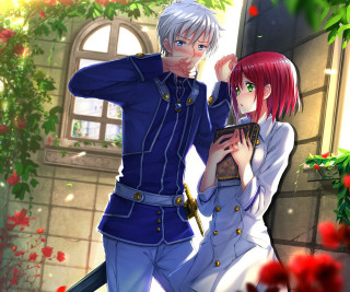Anime couple window flowers tree - a storybook illustration free wallpaper